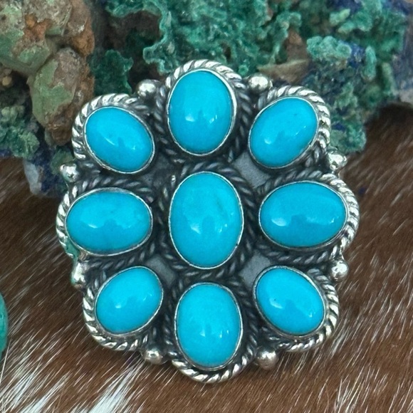 Kingman turquoise cluster statement sterling silver ring - Picture 5 of 10